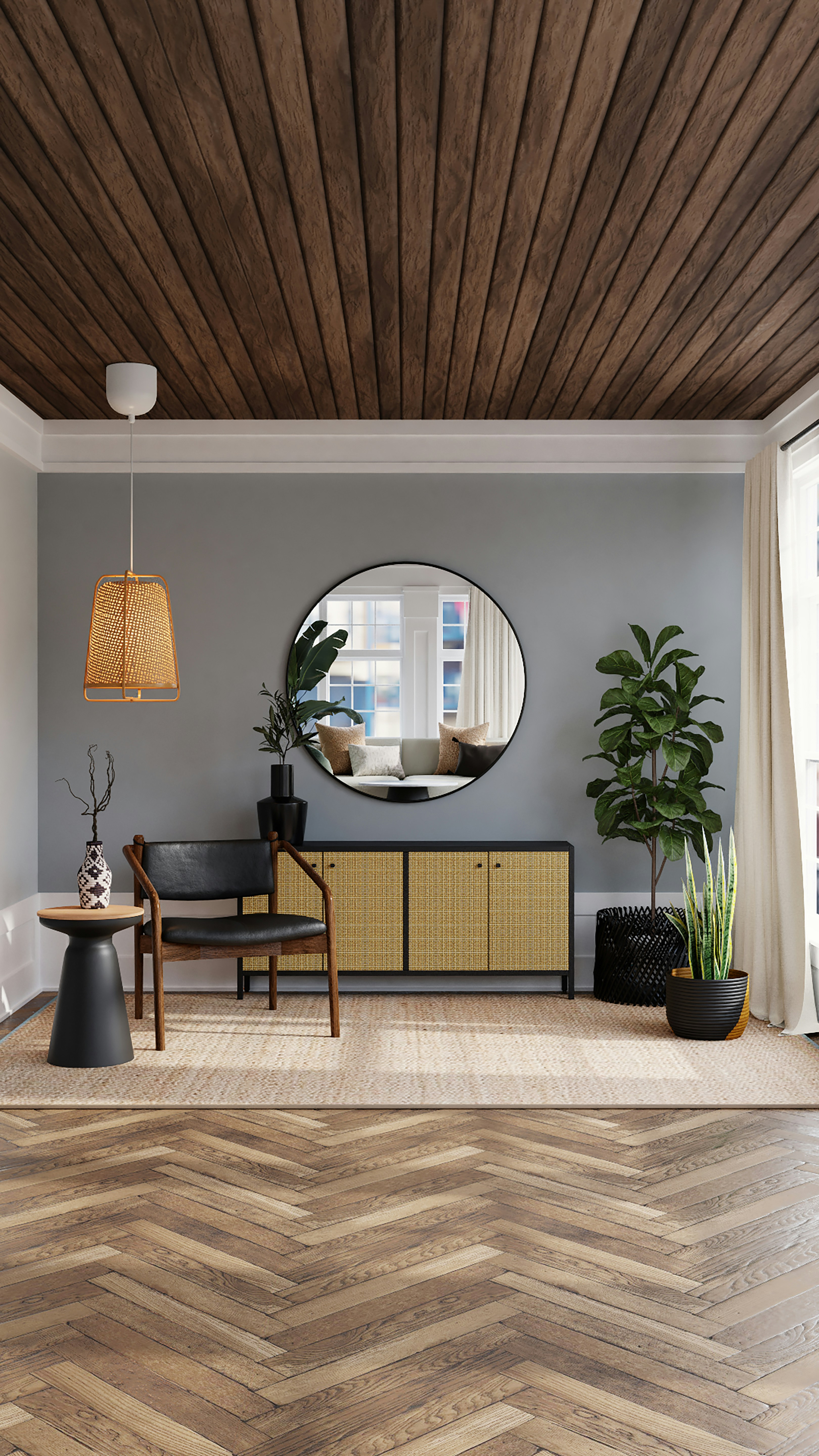 Styled interior — round mirror, herringbone floor