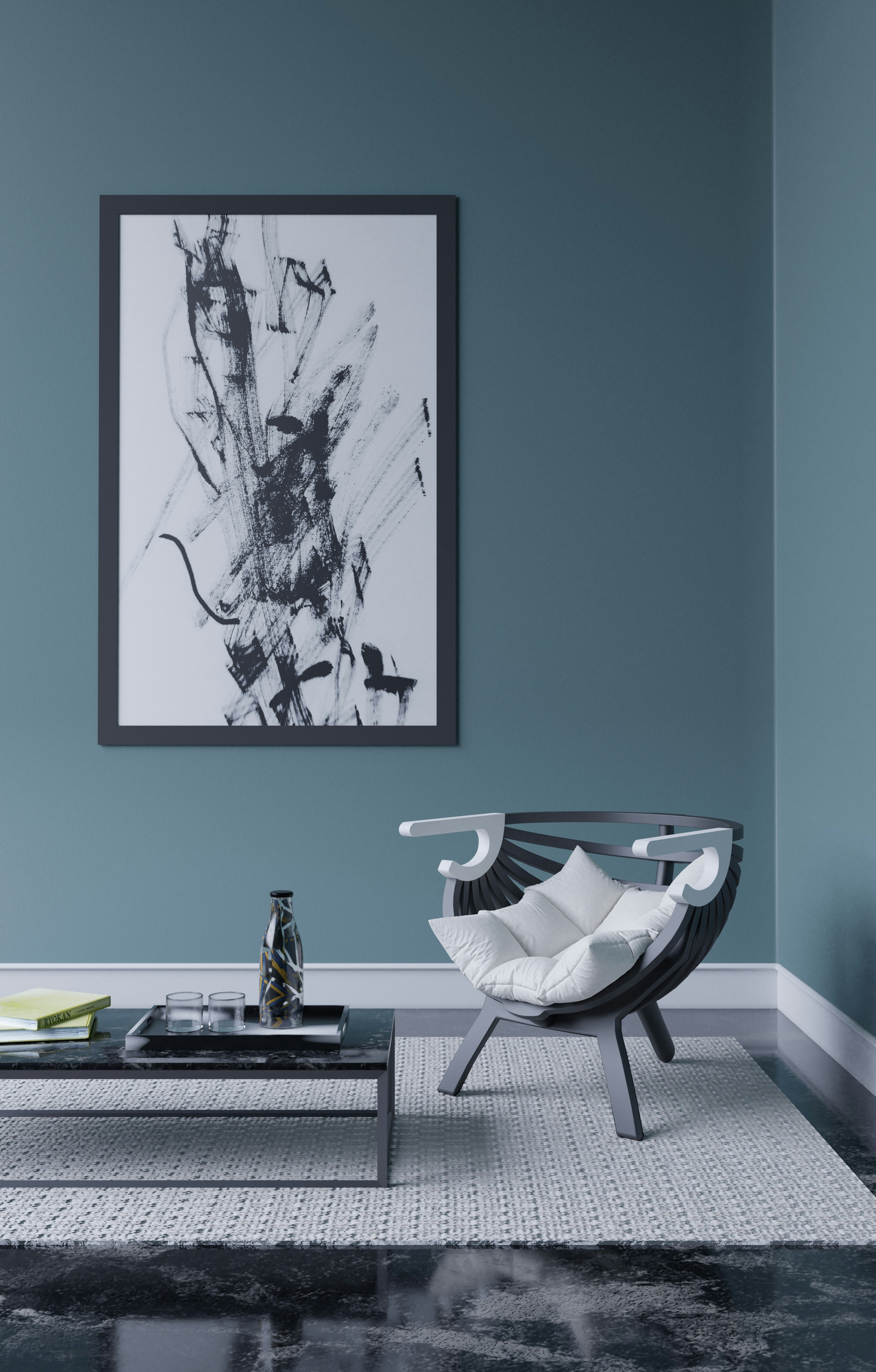 Considered interior design — teal wall, sculptural chair