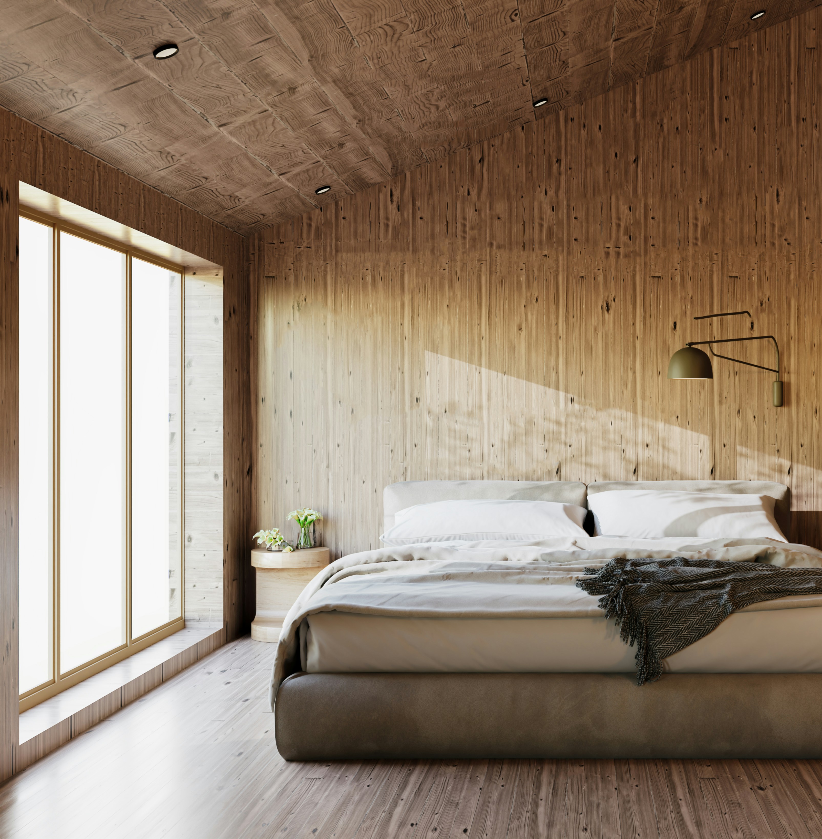 Beautifully transformed Airbnb bedroom — timber walls, luxury linen